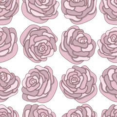 Drawn cartoon buds of pink roses with shadows rotated in different directions on white background. Flowers. Floral pattern. Abstract wallpaper. Vector seamless pattern.