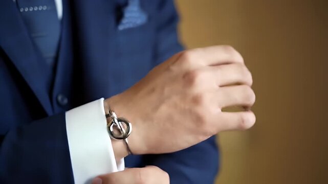Elegant businessman adjusting cufflinks in a navy suit close-up video footage showcasing attention