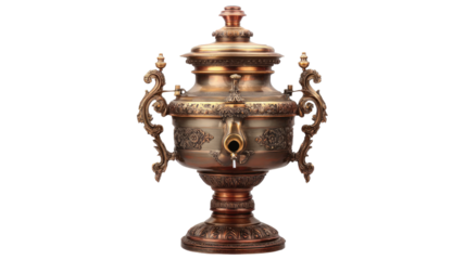 Antique ornate brass samovar tea urn with engraved handles traditional metal craftsmanship isolated on white background
