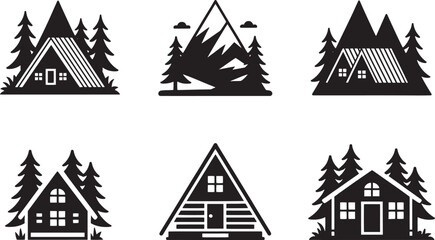 Mountain landscape set with cabin and alpine tree silhouettes for travel and tourism marketing vector illustration