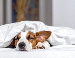 Beagle puppy naps serenely under white duvet cover, eyes closed, cozy and relaxed indoors