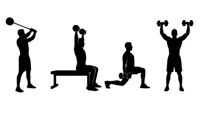 Four exercise silhouettes — kettlebell swing, seated dumbbell shoulder press, lunge with dumbbell, standing dumbbell shoulder press, fitness training illustration set