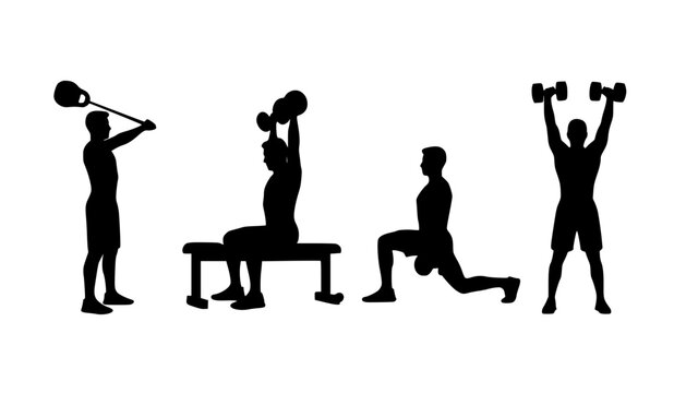 Four exercise silhouettes — kettlebell swing, seated dumbbell shoulder press, lunge with dumbbell, standing dumbbell shoulder press, fitness training illustration set - Powered by Adobe