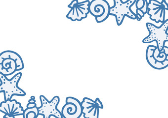Different freehand drawn cartoon sea ocean starfishes river shells of different shapes in blue colors made in kid childish style. Marine oceanic water objects. Decorative frame. Vector illustration.