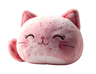 Pink plush cat toy with smiling eyes.