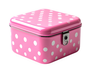 Pink polka dot lunch box with metal latch.