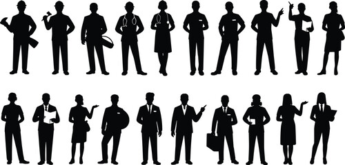 Professional people silhouette set showing doctors engineers business workers occupations vector illustration collection for corporate branding infographic design marketing usage