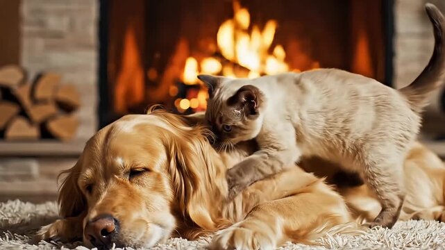 Domestic cat gently massaging a dog in a cozy home interior, showing pet interaction, companionship, and relaxed indoor lifestyle