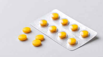 Yellow Pills Blister Pack on White Background Medication and Healthcare Concept