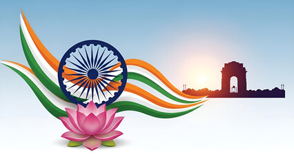 Artistic depiction of India's national symbols featuring the Ashoka Chakra flowing tricolor flag and a lotus flower.