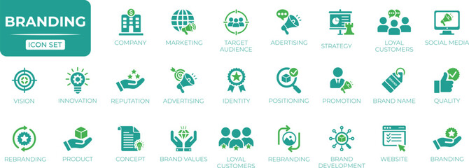 Branding icon set. containing marketing, advertisement, target, vision, creativity, value, innovation, brand development, social media, advertising, and loyal customers icons. Solid icon collection.