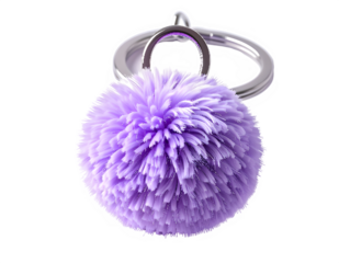 Purple fluffy pom pom keychain on metal ring.