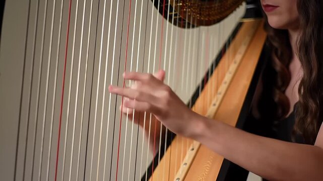 Elegant woman playing a beautiful harp, creating soothing melodies and harmonic resonance in a