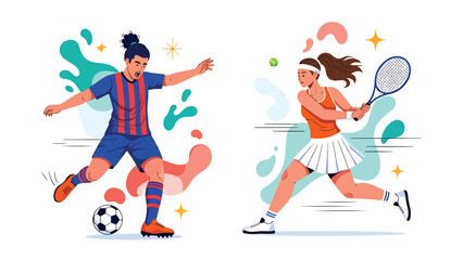 Fototapeta premium Male Footballer Dribbling Ball and Female Tennis Player Hitting Stroke. Professional Athletes Set in Action. Flat Vector Illustration of Soccer and Tennis Sports.