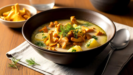 Still life, rustic farmhouse. authentic Finnish herkkutattikeitto (chanterelle soup), golden chanterelle mushrooms in a creamy, lightly-colored broth with dill, new potatoes 