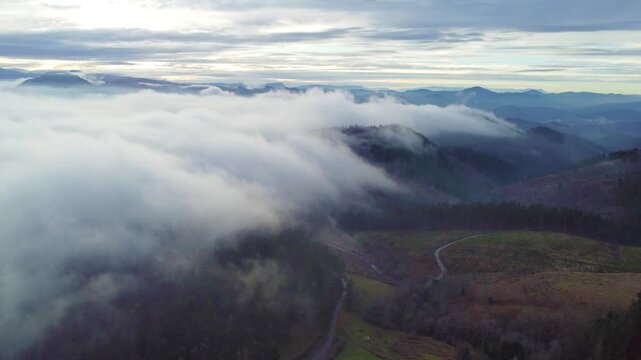 amazing sea of clouds in the misty basque mountains in the basque country