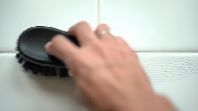 Cleaning grout with a brush on white tiles for a clean look.