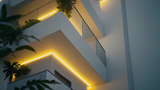 Modern architectural composition featuring a staircase illuminated by a warm, linear light. Lush green plants soften the angular design