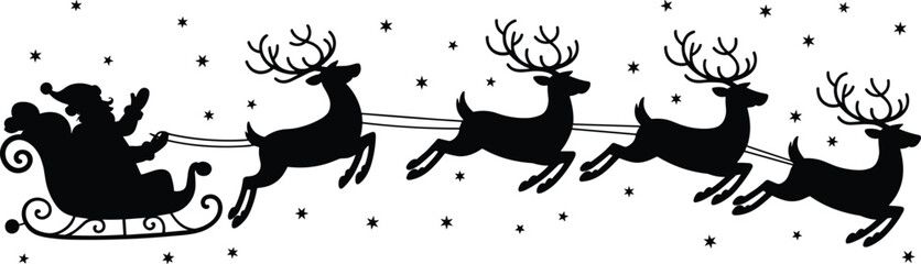 Santa Claus silhouette flying with reindeer sleigh, Christmas night sky stars, holiday celebration illustration isolated on white background, vector, design © Bokul Creatives