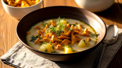 Still life, rustic farmhouse. authentic Finnish herkkutattikeitto (chanterelle soup), golden chanterelle mushrooms in a creamy, lightly-colored broth with dill, new potatoes 