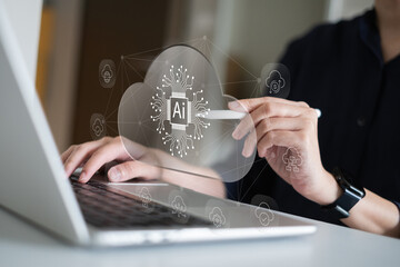 Person using ai artificial intelligence data analysis with cloud server service for upload download online file document storage, digital technology information concept