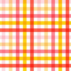 A seamless, vibrant gingham or plaid pattern featuring a cheerful mix of red, yellow, pink, and white squares