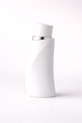 Futuristic asymmetrical cosmetic bottle, matte white polymer, luxury skincare branding