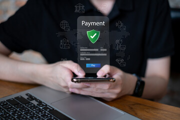 Person using smartphone online payment worldwide global credit card pay shopping commerce finance baking transfer, digital money transaction electronic e-business concept