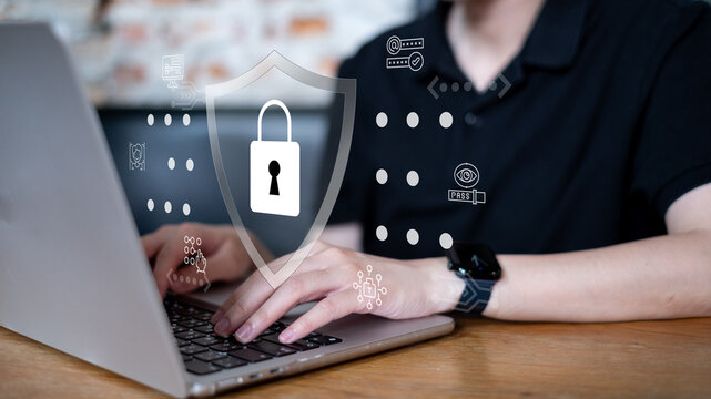 Businessman working on laptop computer smartphone using online internet login padlock shield database data information server, confidential safety privacy password protection encryption concept - Powered by Adobe