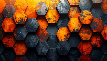 Abstract geometric background of orange and gray textured hexagons forming a modern and visually dynamic pattern
