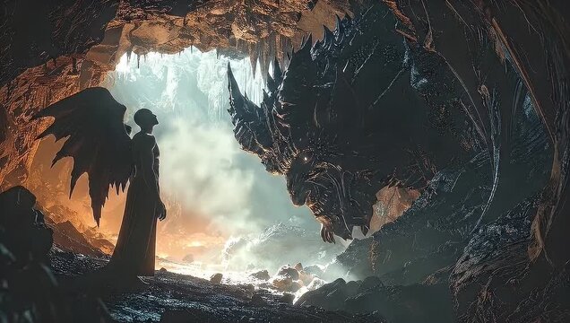 Epic showdown between angel and demon in a mysterious cave setting.