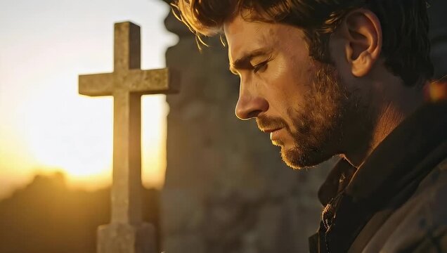 Man praying in front of a cross during sunset, spiritual moment.