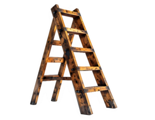 Rustic wooden A frame ladder standing alone.
