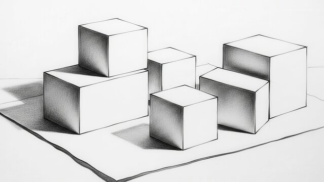 Pencil Sketch of Geometric Cubes Still Life, Drawing Study of Shapes and Shadows