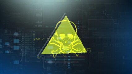 Digital warning visual showing a glowing yellow skull inside a hazard triangle over futuristic interface graphics, symbolizing malware detection, cyber threats, system infection alerts, and high-risk - Powered by Adobe