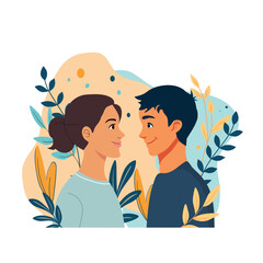 Couple in Love. Happy Valentines day. Couple facing each other with leaves