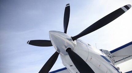 Airplane propeller closeup against sky, aviation technology background