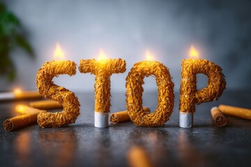 Creative display of a stop smoking message with lit tobacco letters