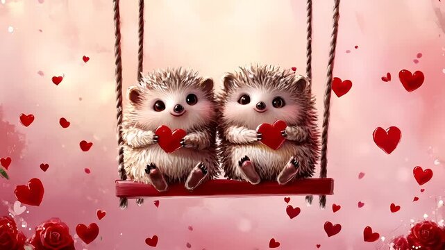 Love. Valentines day. Mothers day theme. hedgehogs with red hearts on a swing, set against a pink backdrop with red roses and heartshaped confetti. The hedgehogs are depicted in a closeup view.