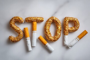 Creative stop sign made of sugary treats and realistic cigarette props in a playful anti-smoking display