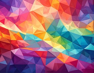 Abstract geometric background with colorful, overlapping triangles forming a vibrant mosaic pattern in warm and cool hues