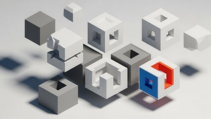 Obraz premium Abstract 3D Geometric Shapes: Cubes and Voxels with Colorful Accents