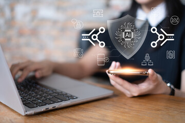 Businessman working on laptop computer smartphone login database with artificial intelligence ai algorithm helping in data privacy protection hacking prevention authentication, cybersecurity concept