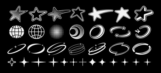 Y2K-inspired vector elements, including stars, globes, halos, rings, sparkles, and shooting stars in bold, futuristic styles.
