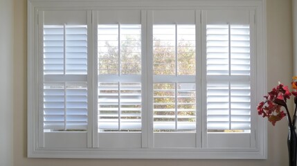 Fototapeta premium Bright sunlight streams through elegant white shutters into a cozy room adorned with vibrant flowers