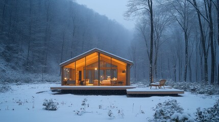 Cozy cabin nestled in snowy forest at dusk