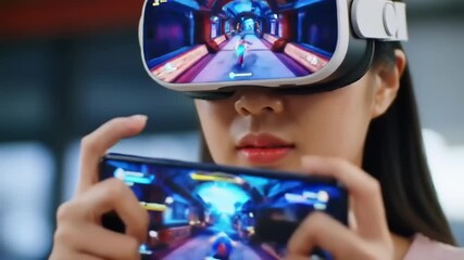 Woman using virtual reality headset with smartphone displaying game - Powered by Adobe