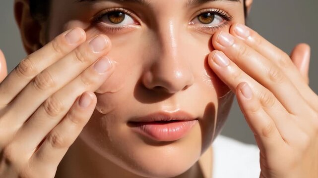 A young woman applying a moisturizing gel serum to her face. Close-up of a daily beauty routine. Skincare and hydration concept