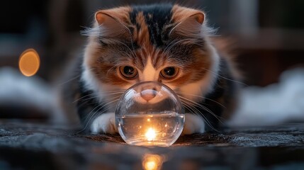 Curious calico cat examines a glowing glass orb