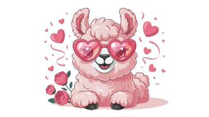 Fototapeta premium Sweet pink llama with heart-shaped sunglasses, surrounded by roses and floating hearts